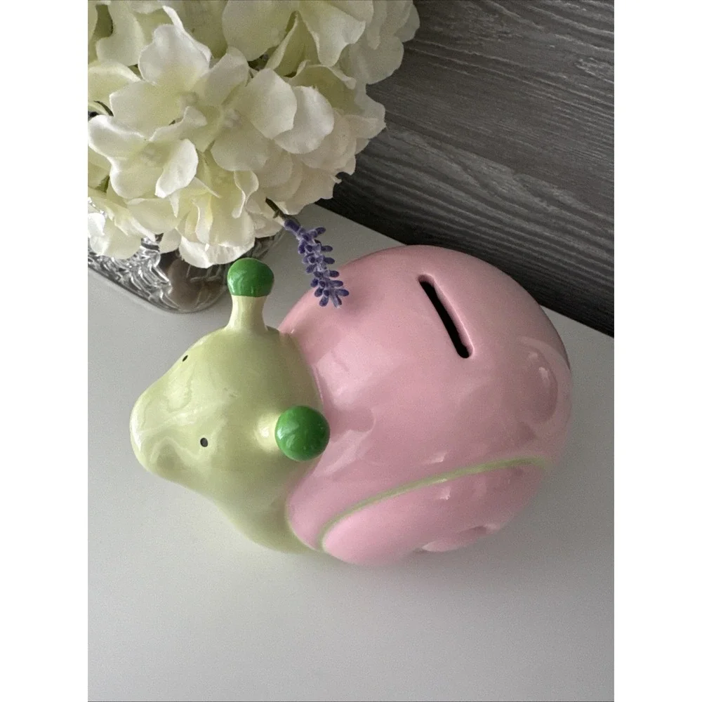 Whimsical Ceramic Snail Piggy Bank Pink & Green Nursery Decor Coin Bank 6